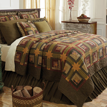 Tea Cabin Quilt 70Wx90L Log Cabin Country Rustic Lodge Design, Moss Green and Deep Red