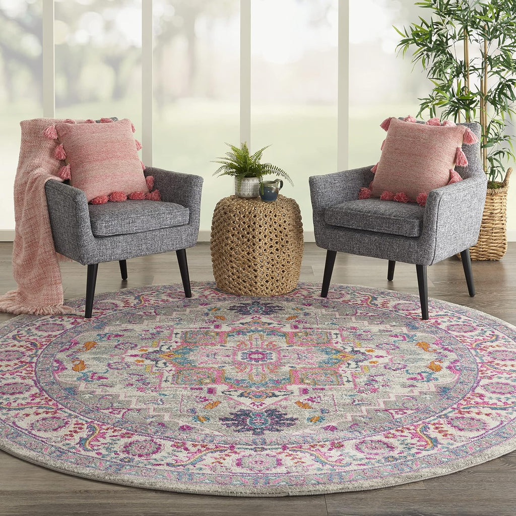 Home Passion Light Grey Pink 8' x Round Area Rug - Easy Clean, Non Shedding, Bed Room, Living Room, 