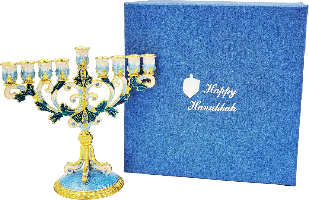 Hand-Painted Enamel Metal with Blue, White, Gold and Green Jeweled Accents, 6" Inches