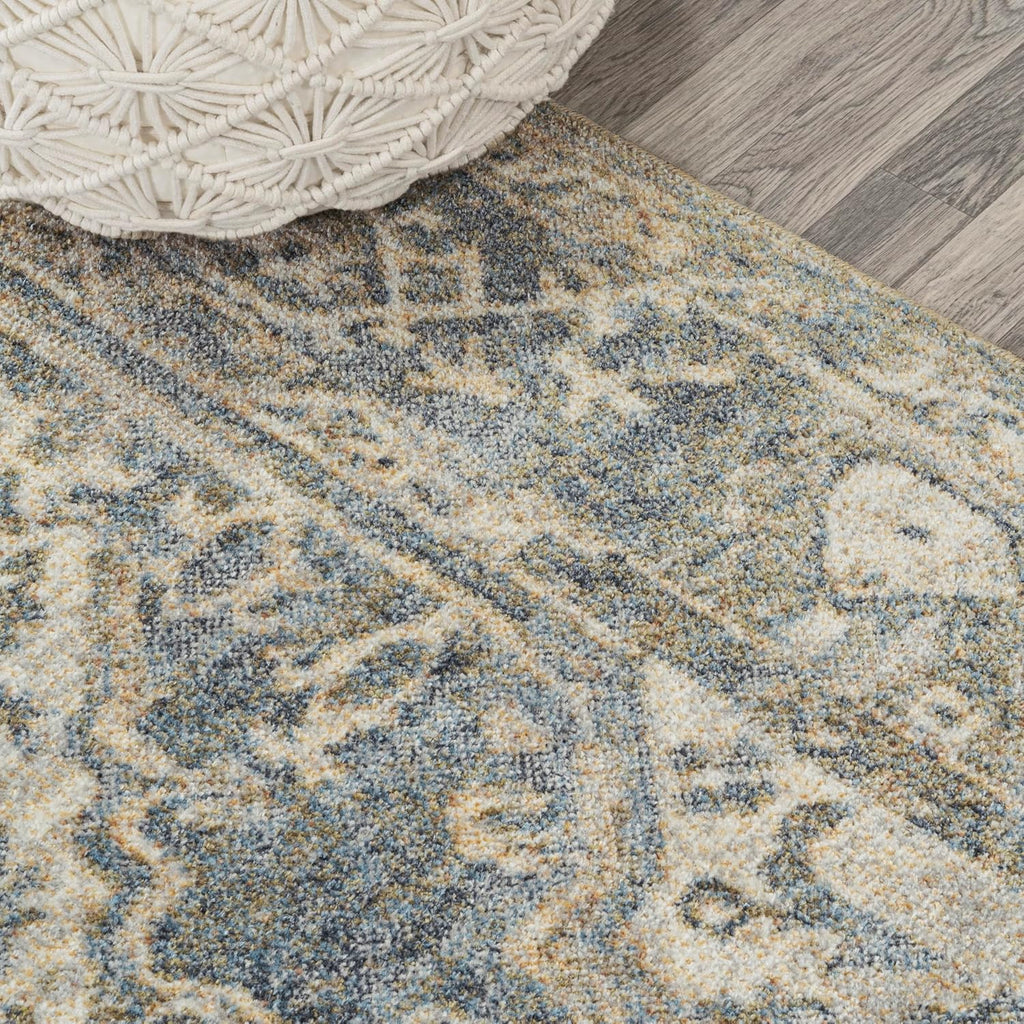 Machine Washable Blue/Cream Runner Rug 2X8 ft, Pavel Distressed Medallion Low-Pile, Easy-Cleaning, Pet-Friendly