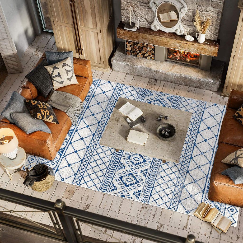 Moroccan Hype Boho Vintage Tribal Cream/Blue Indoor Area Rug, Bohemian, Vintage, Easy-Cleaning, Pet Friendly