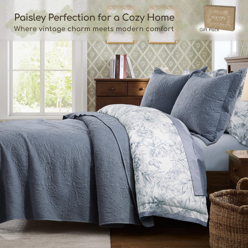 Paisley Quilt Set, Dusty Blue Matelasse Lightweight Bedspread, Soft Farmhouse Rustic Coverlet, Spring