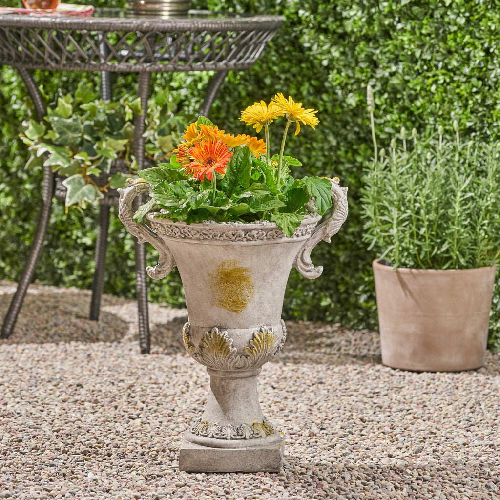 Chalice Garden Urn Planter, Roman, Botanical, Lightweight Concrete with Gray Moss Finish