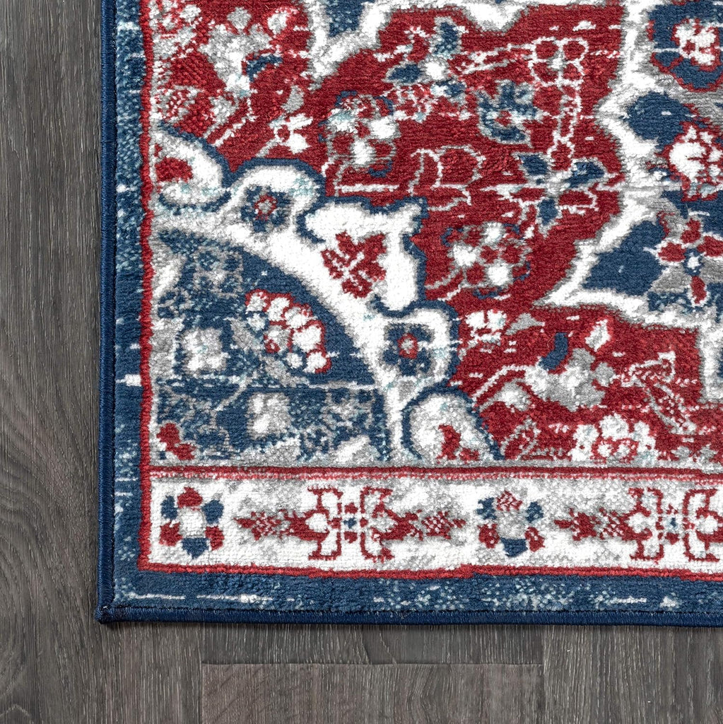 Modern Vintage Moroccan Medallion Navy/Red Indoor Area Rug, Country, Floral, Easy-Cleaning, Pet Friendly