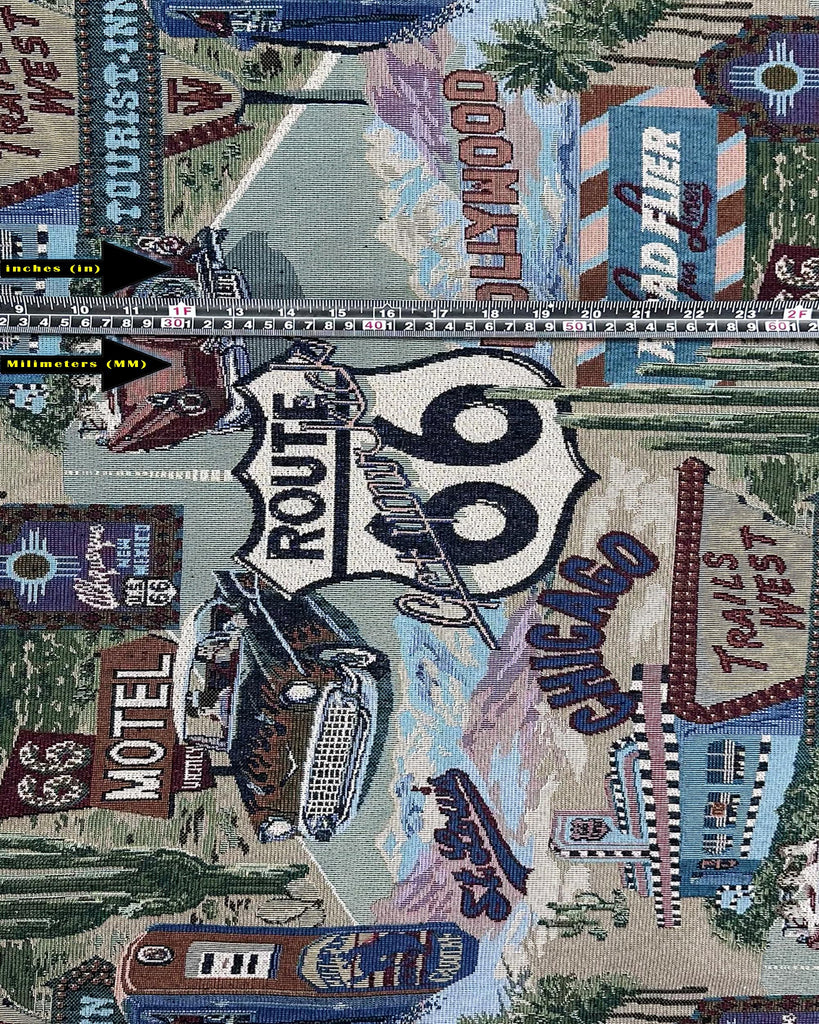 Classic Retro Route 66 Inspired Tapestry Fabric, Motel, Diner, Gas Station Theme - 56" W, Sold by the Continuous