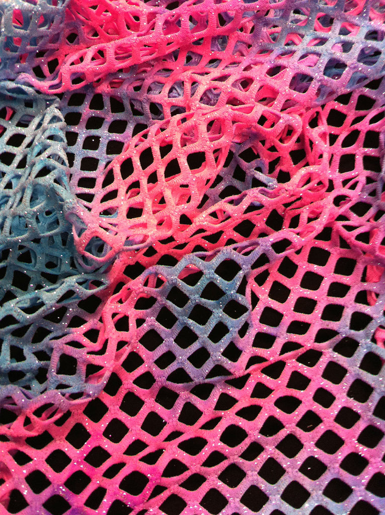 Diamond Mesh Big Hole 0.5 Inch Multi-Color Tie-dye Pattern w/Silver Sparkly Glitter Stretch Polyester Spandex Fabric