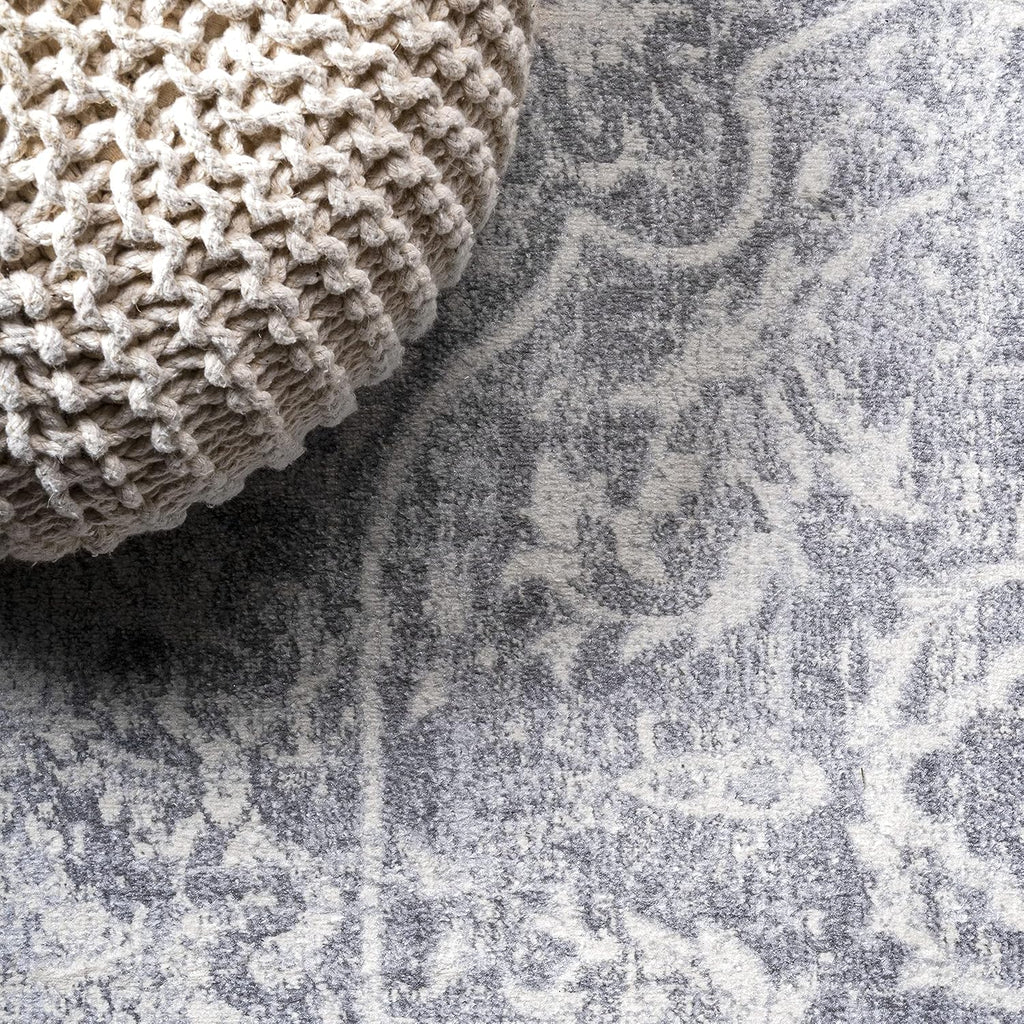 Modern Vintage Medallion Gray/Ivory 5' Round Indoor Area Rug, Country, Floral, Easy-Cleaning, Pet Friendly