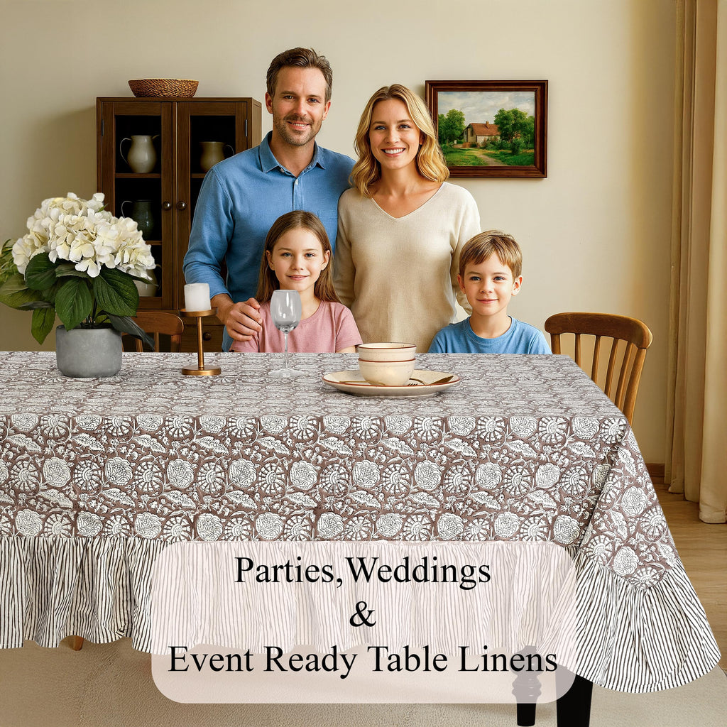 CPC Rustic Brown Block Print Ruffle Rectangle Tablecloth 60x108 Inch