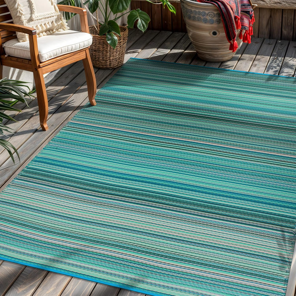 Contemporary Stripe Patio Deck Backyard Area Rug Blue