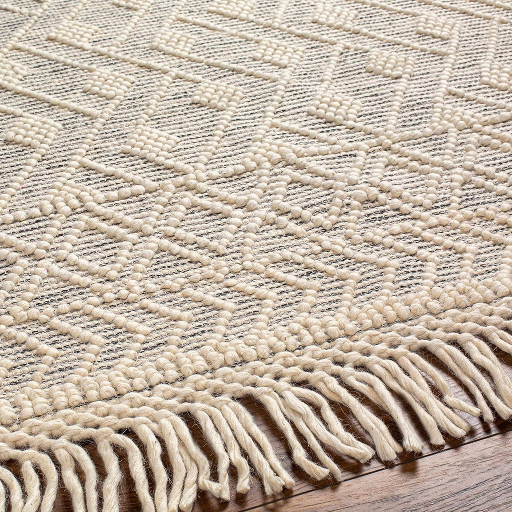 Erica Wool Living Room, Bedroom Area Rug - Geometric Diamond Trellis Border - Traditional Transitional Scandinavian