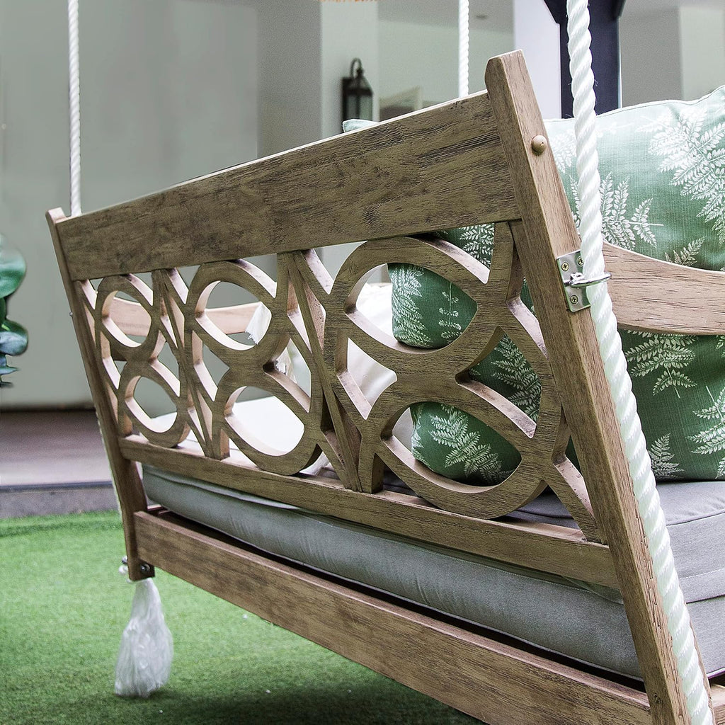 Renley 5.6 FT Mahogany Porch Swing Daybed with Oyster Cushion, Lime Wash Finish, Turned Detail, Weather-Resistant