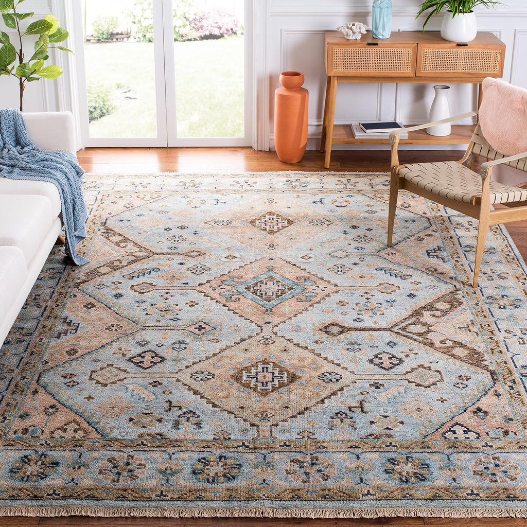Samarkand 8' x 10' Light Blue/Beige Hand-Knotted Traditional Oriental Premium Wool Dining Area Rug