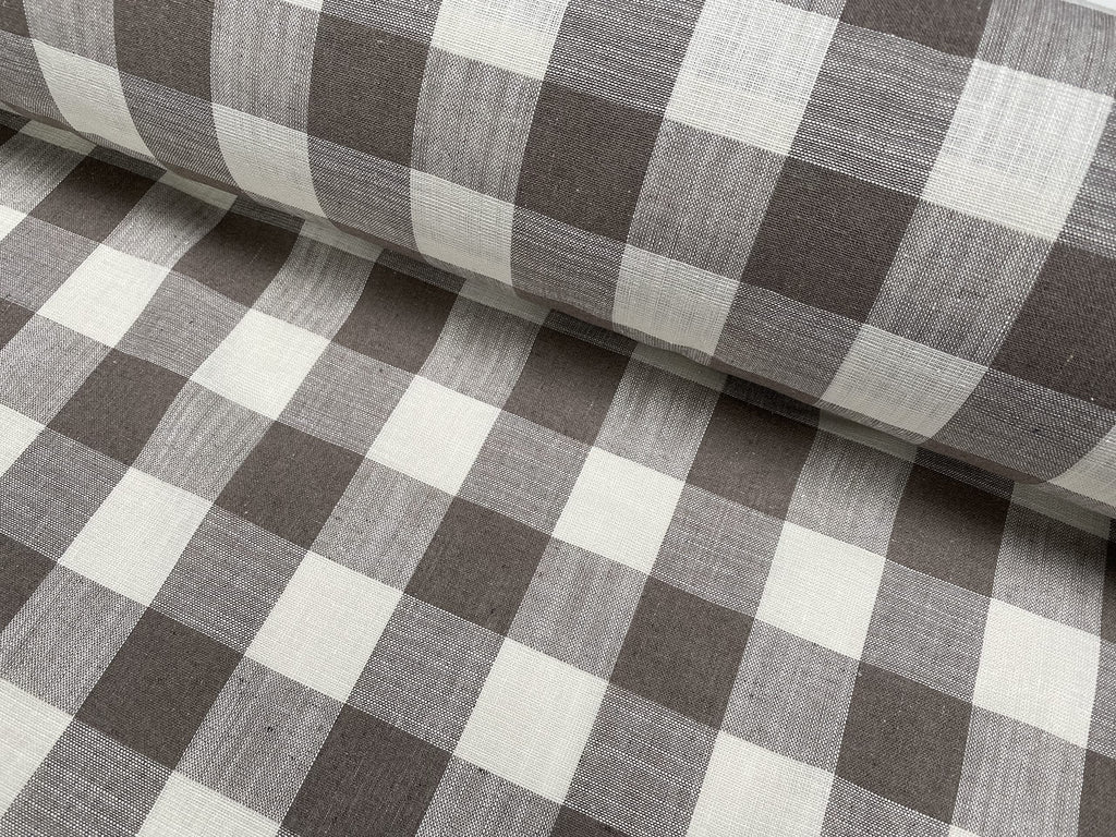 Gingham Linen Checked Fabric Plaid Material Buffalo White Check - 140cm Wide (Sold by the metre) (Taupe Brown & White)