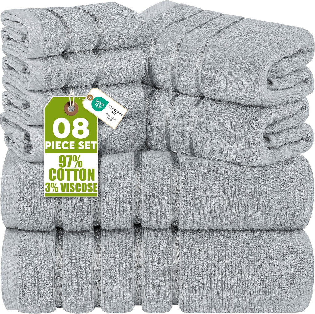 8 Piece Luxury Towel Set, 600 GSM, Viscose Stripe, Cool Grey | 600 GSM Ring Spun Cotton Towels with Viscose Stripe