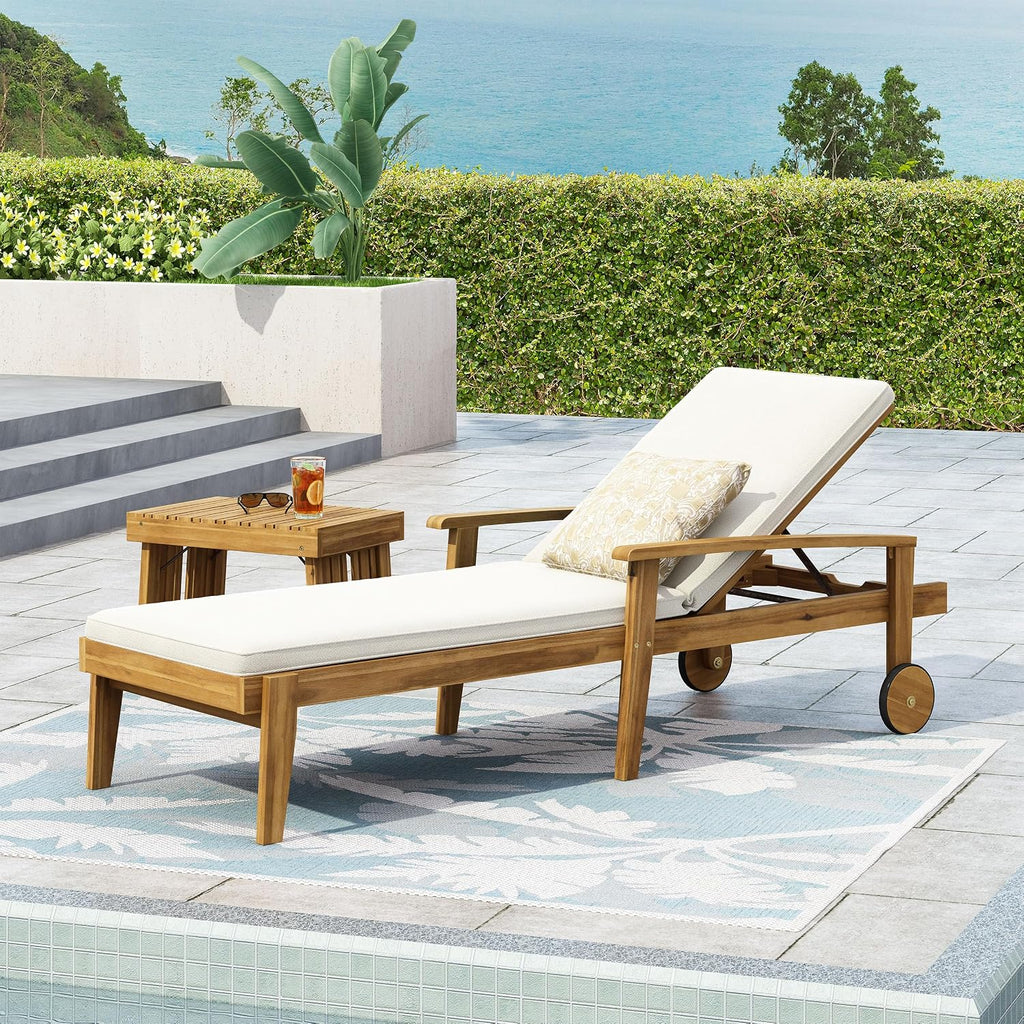 Acacia Wood Outdoor Chaise Lounge, Adjustable Reclining Patio Chair with Cushions, Modern Thin Slat Design, Durable