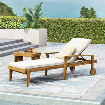 Acacia Wood Outdoor Chaise Lounge, Adjustable Reclining Patio Chair with Cushions, Modern Thin Slat Design, Durable