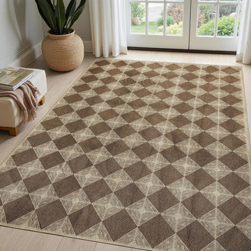 5x7 Checkered Easy Jute Rug - Washable Non-Slip Indoor Outdoor Carpet, Brown Textured Diamond Pattern, Neutral Area