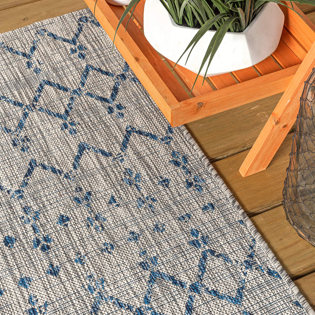 Moroccan Geometric Indoor Outdoor Runner Rug 2X10 Light Gray/Navy, Ourika Textured Weave for Backyard, Patio, Porch