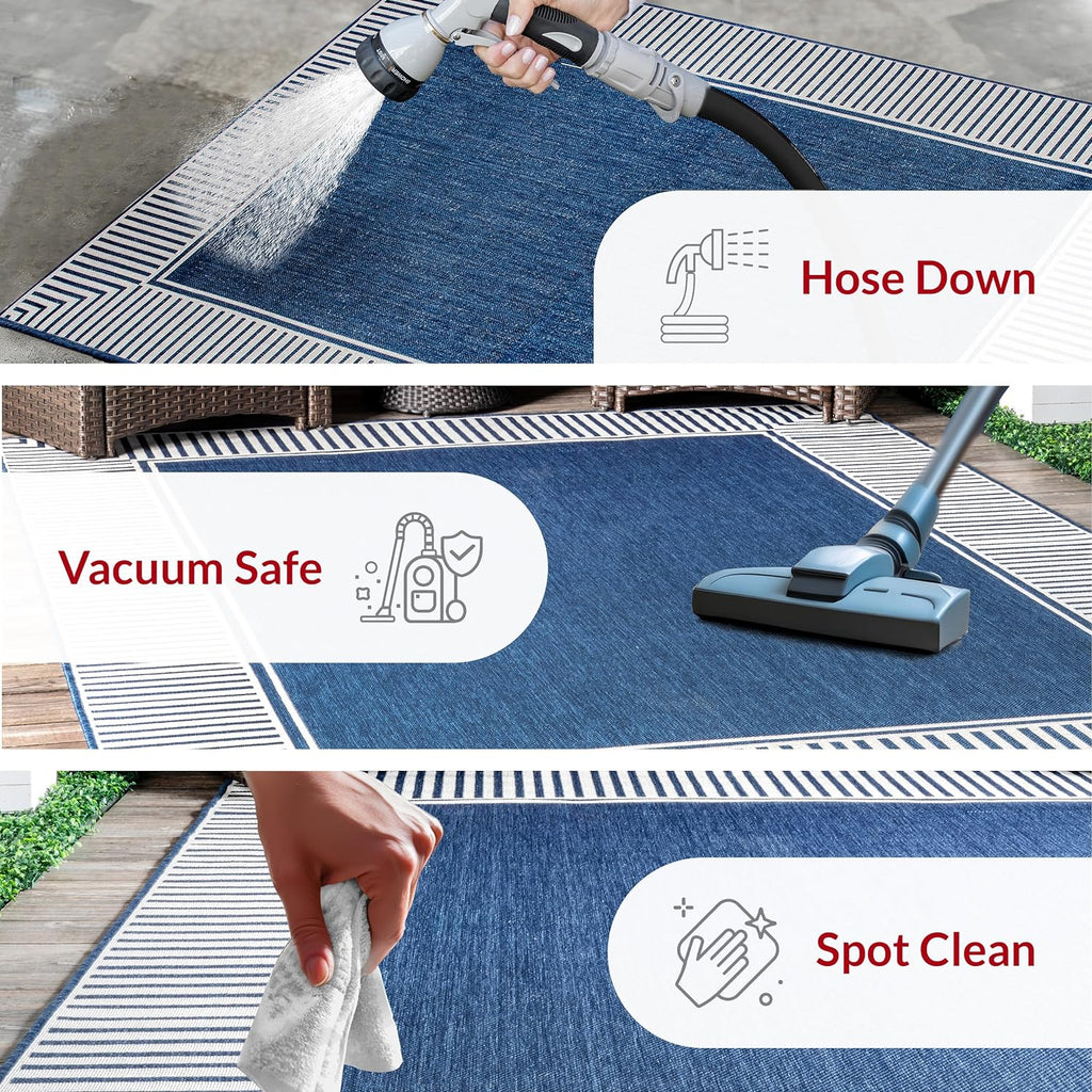 Asha Navy Bordered Power Loomed Indoor/Outdoor Area Rug