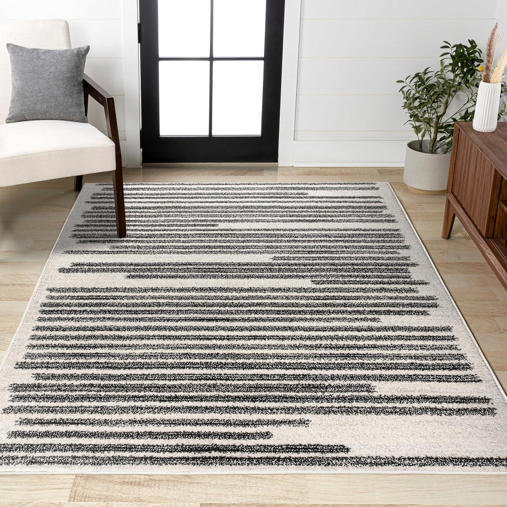 Khalil Modern Berber Stripe Cream/Black Area Rug, 12x15, Contemporary, Bohemian, Easy-Cleaning