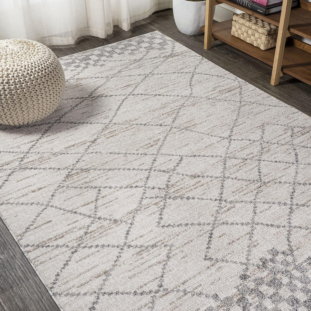 Asilah Diamond Light Gray Indoor Area Rug, Moroccan Modern, Bohemian, Casual, Easy-Cleaning, Pet Friendly