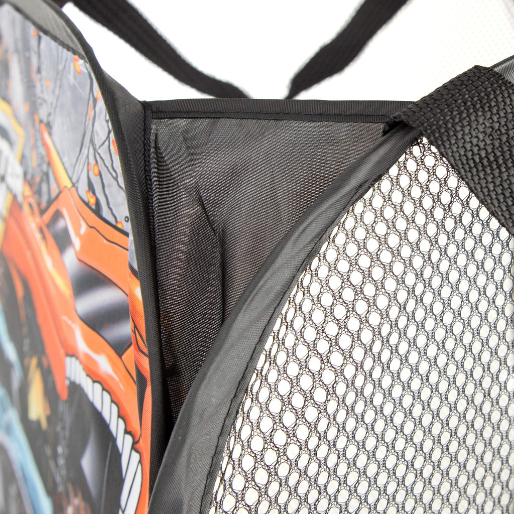 Monster Jam Break Out Pop Up Hamper - Mesh Laundry Basket/Bag with Durable Handles - Features Grave Digger & Megalodon