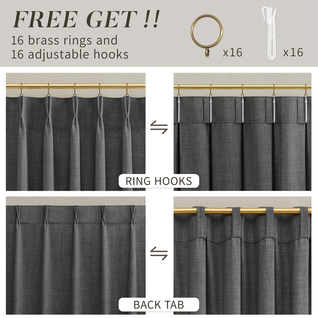 Pinch Pleat Dark Grey Linen Curtains - Boho Light Filtering Privacy 100 Inches Long Ceiling Floor Pleated Curtain