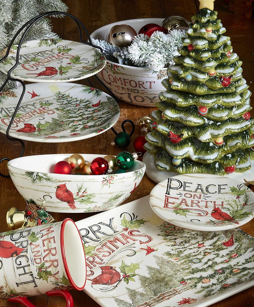 Evergreen Christmas 16x12 Rectangular Serving Platter with Santa & Tree Design - Festive Holiday Ceramic Tray
