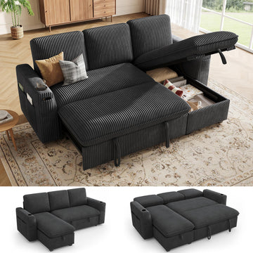 Sleeper Sectional Sofa with Pull Out Bed, Plush Corduroy Sectional Couch with Storage Chaise and Adjustable Backrest