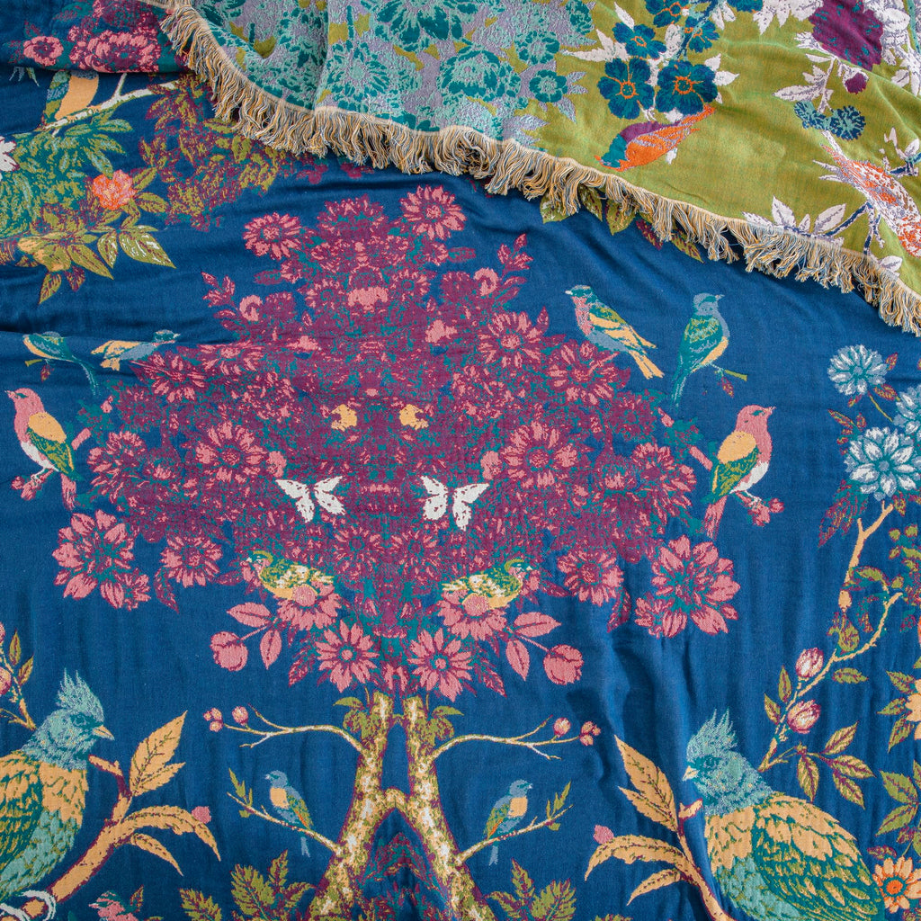 90"x98" Bohemian Floral Muslin Blanket Throw Blue Birds Gauze Quilt Bedspread Farmhouse Rustic Vintage Cottage Woven