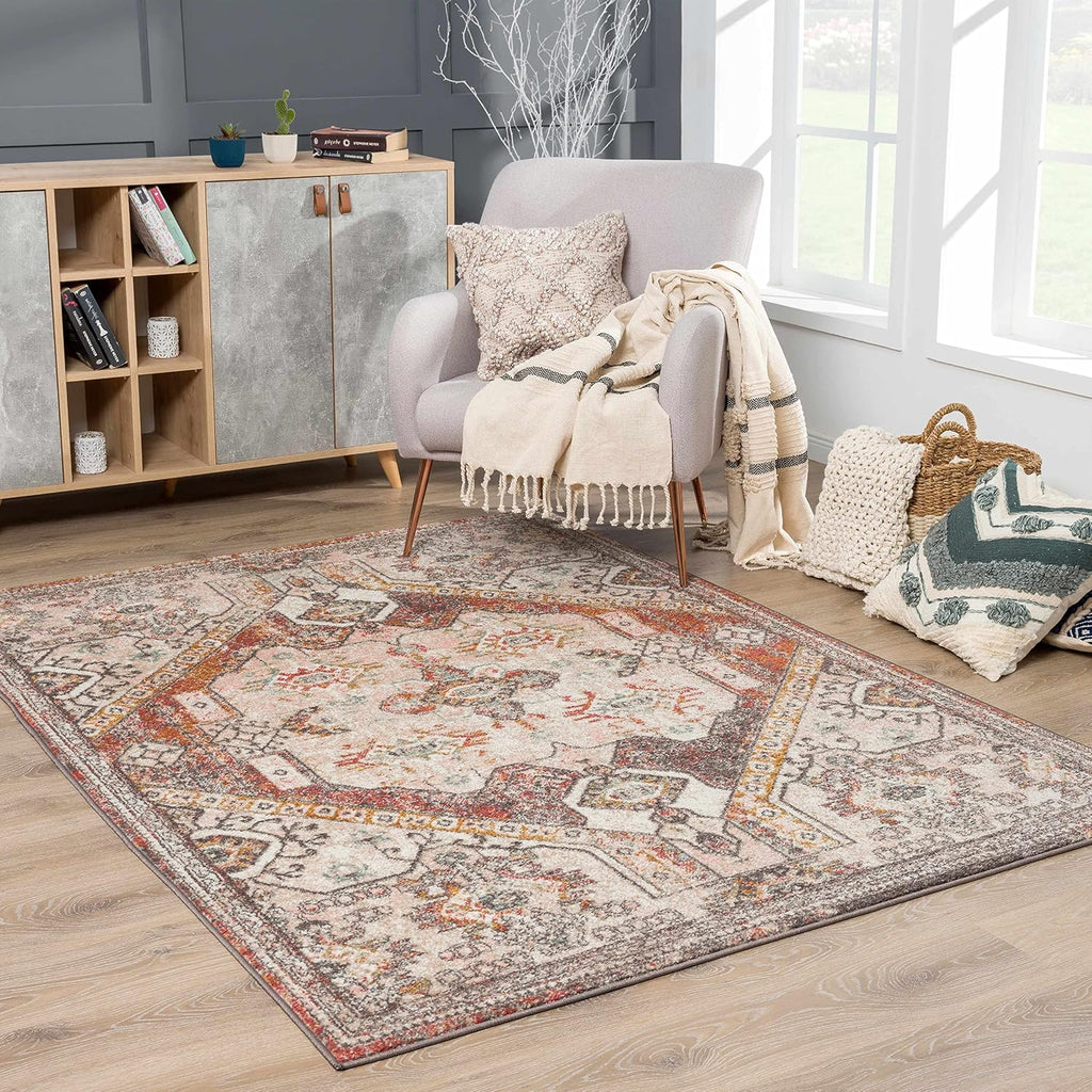 Xenia Living Room, Bedroom Area Rug - Medallion Geometric Border Diamond Distressed - Traditional Oriental Turkish