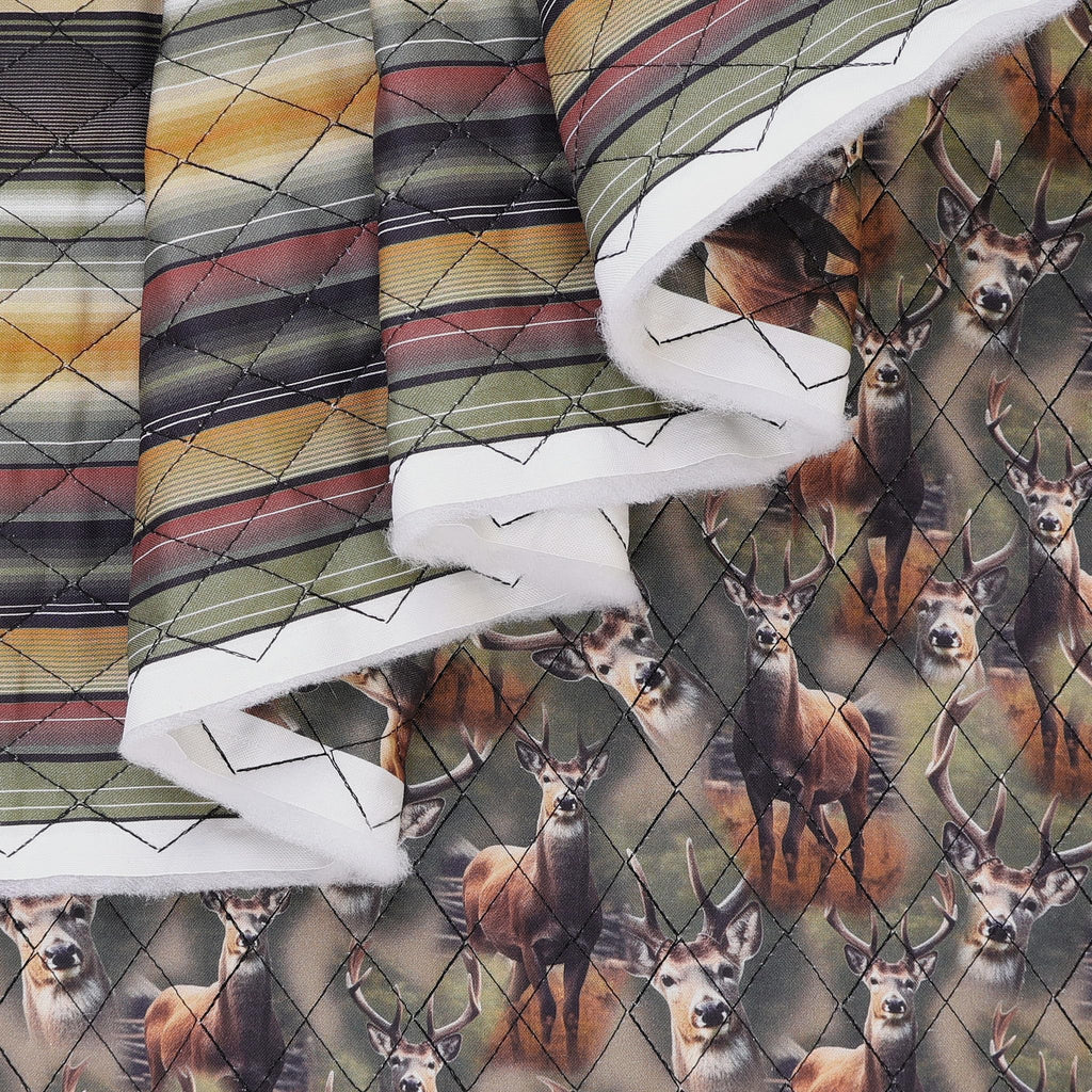Double Faced Quilted Cotton, White Tail Deer/Stripes Multi