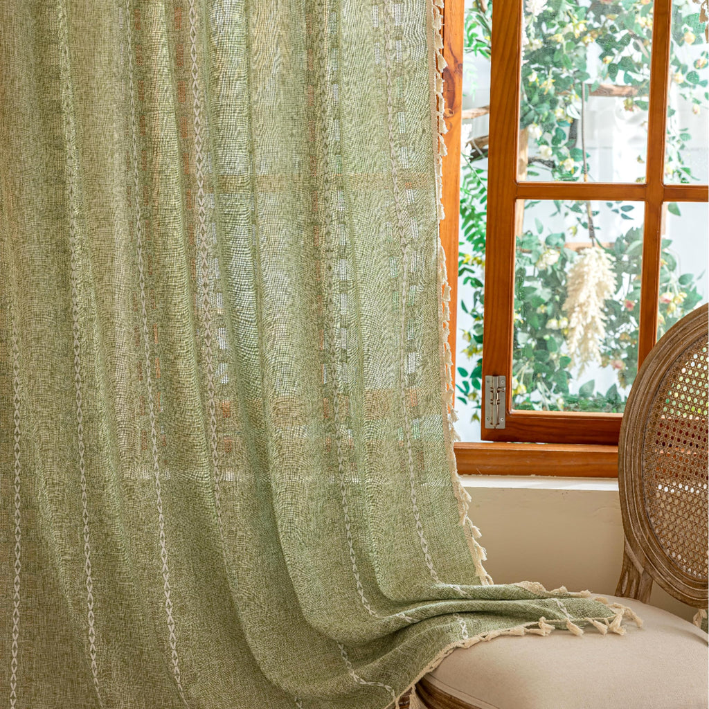 Boho Sheer Sage Green Curtains 84 inches Long 2 Panels Bedroom, Farmhouse, Bohemian Tassels Country Light Filtering