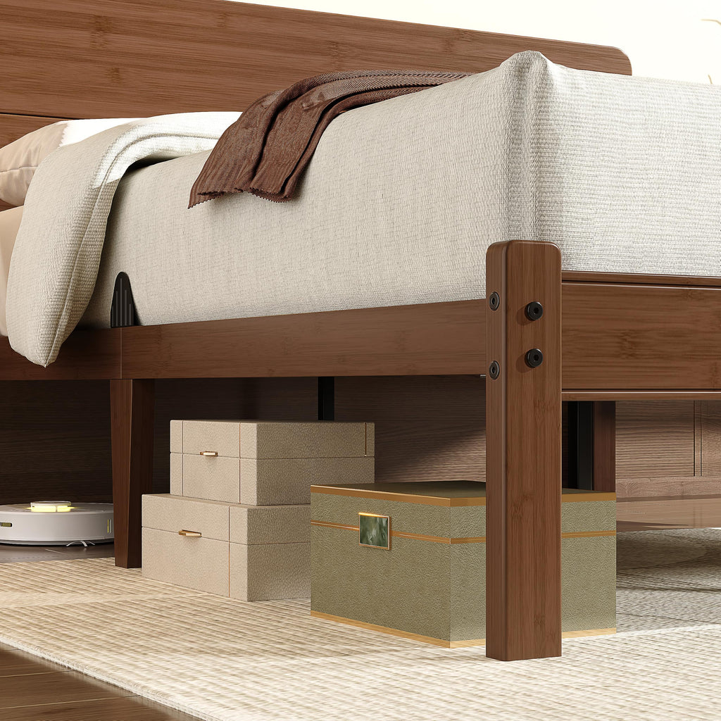 14" Solid Bamboo Wood King Size Bed Frames with Headboard, Brown