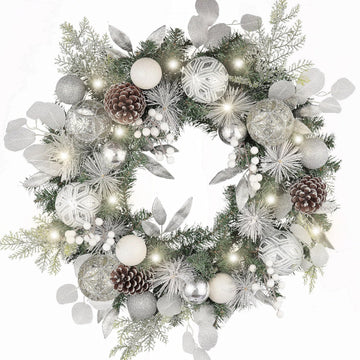 24'' Pre-Lit Christmas Wreath for Front Door with Light, Large Lighted Outdoor Christmas Wreath with Silvery White