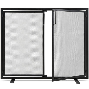 38.5x31in 2-Door Fireplace Screen, Handcrafted Wrought Iron Decorative Mesh Geometric Fire Spark Guard w/Magnetic