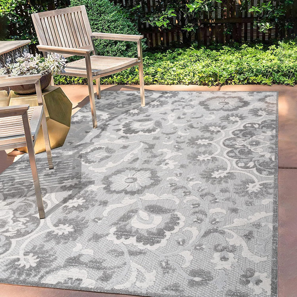 Medallion High-Low Indoor Outdoor Area Rug Light Gray/Ivory, Lucena Modern for Backyard, Patio, Porch