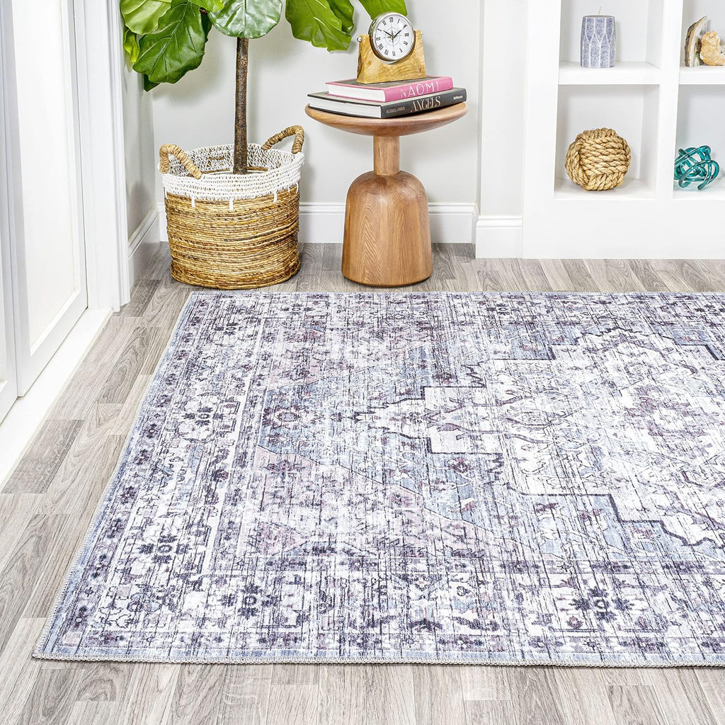 Machine Washable Gray/Purple Indoor Area Rug 5X8 ft, Didim Boho Medallion, Easy-Cleaning, High Traffic
