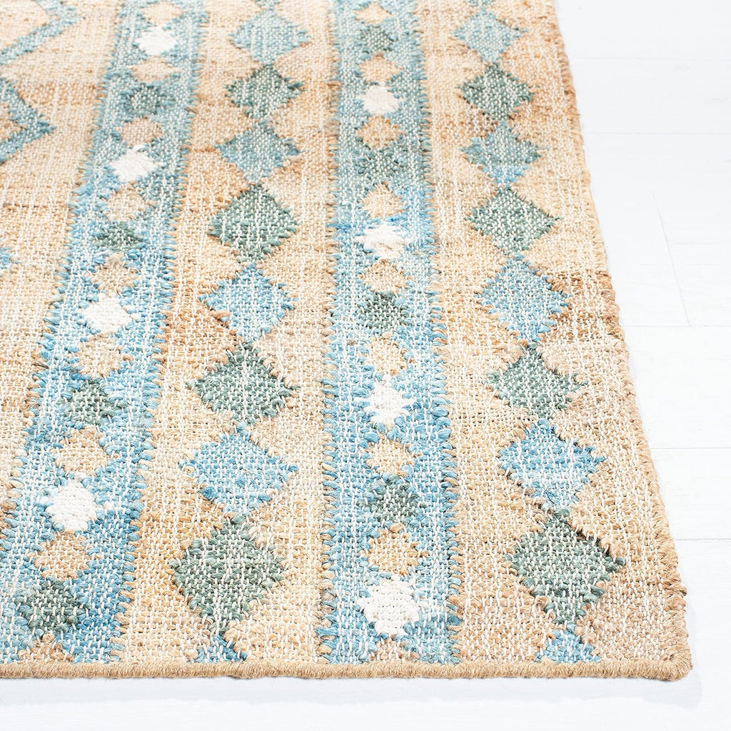 Area Rug - Kilim Collection - Large - Natural & Blue, Flat Weave Jute, Ideal, Dining Space (KLM759M)