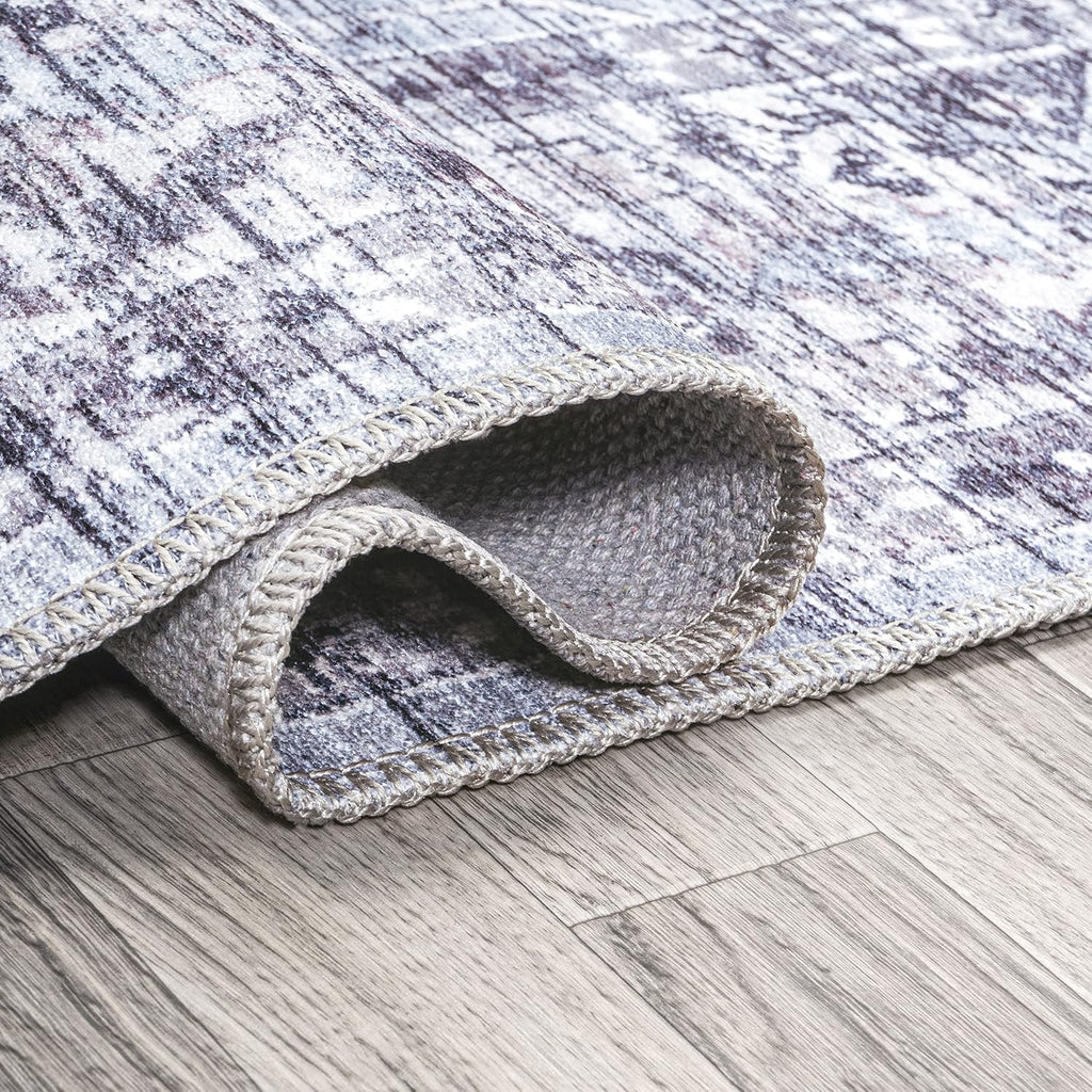 Machine Washable Gray/Purple Indoor Area Rug 5X8 ft, Didim Boho Medallion, Easy-Cleaning, High Traffic