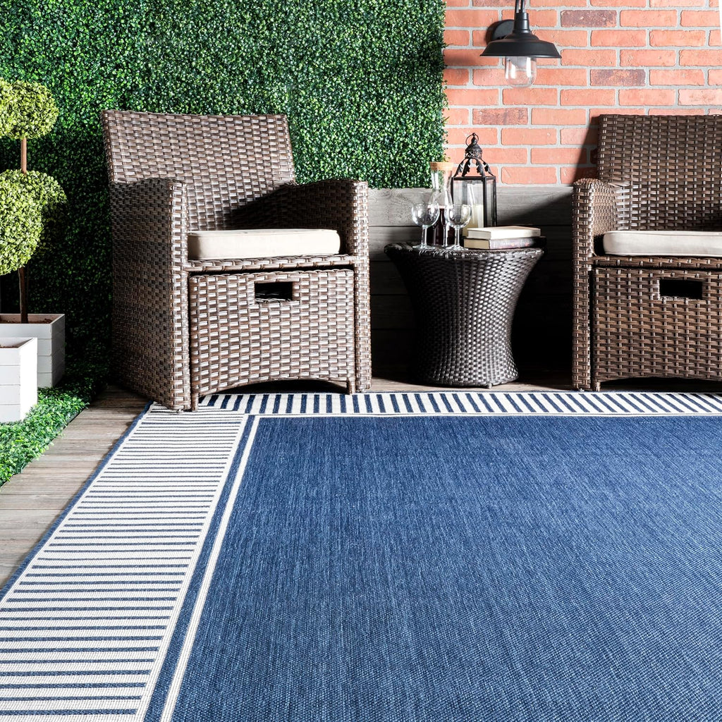Asha Navy Bordered Power Loomed Indoor/Outdoor Area Rug