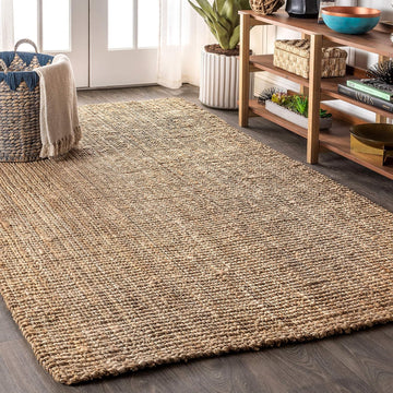 Pata Hand Woven Chunky Jute Natural Area Rug, 9x12, Bohemian, Rustic, Cottage, Easy-Cleaning