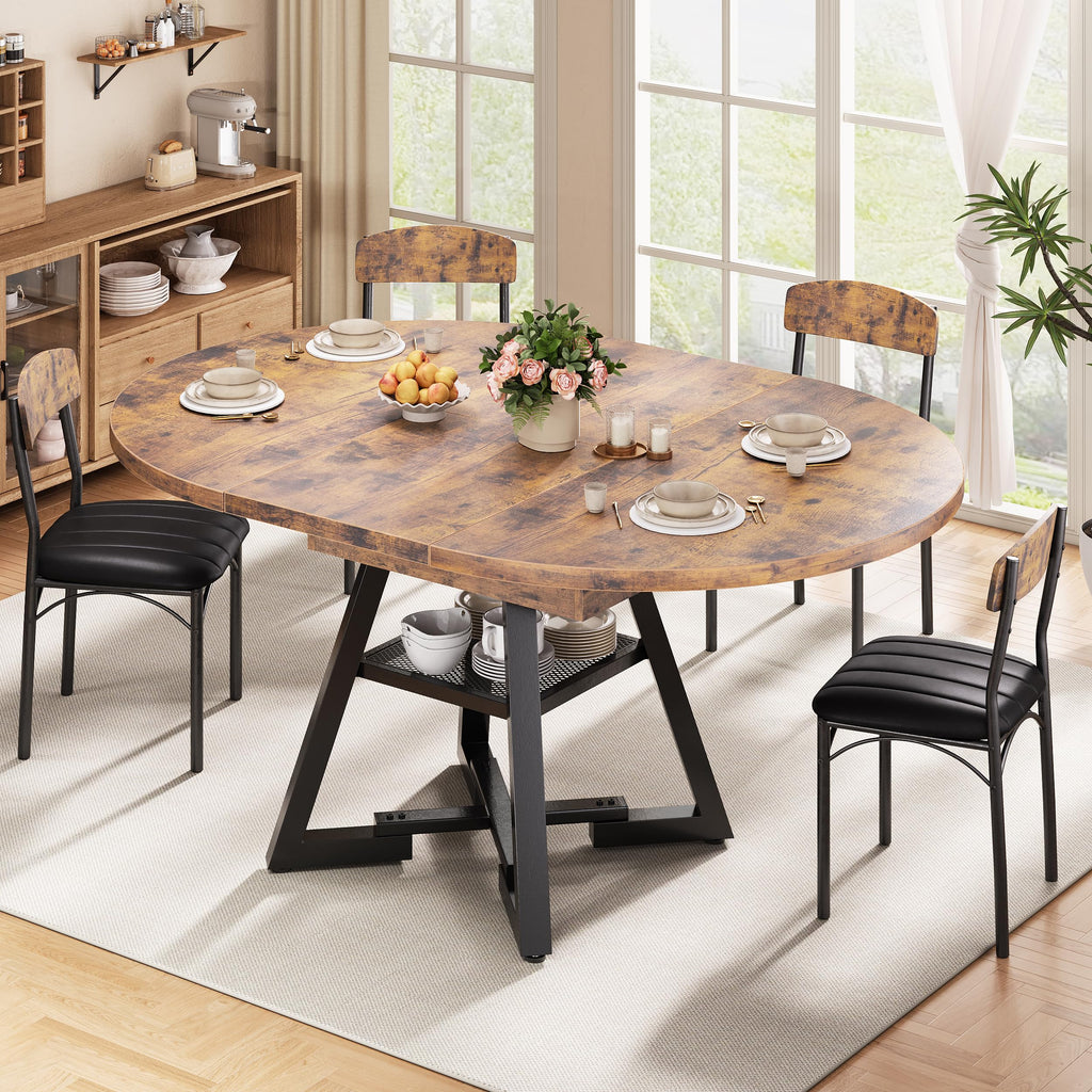 43''-57'' Extendable Round Dining Table for 4-6, Modern Industrial Kitchen Oval Dining Table with Removable Leaves