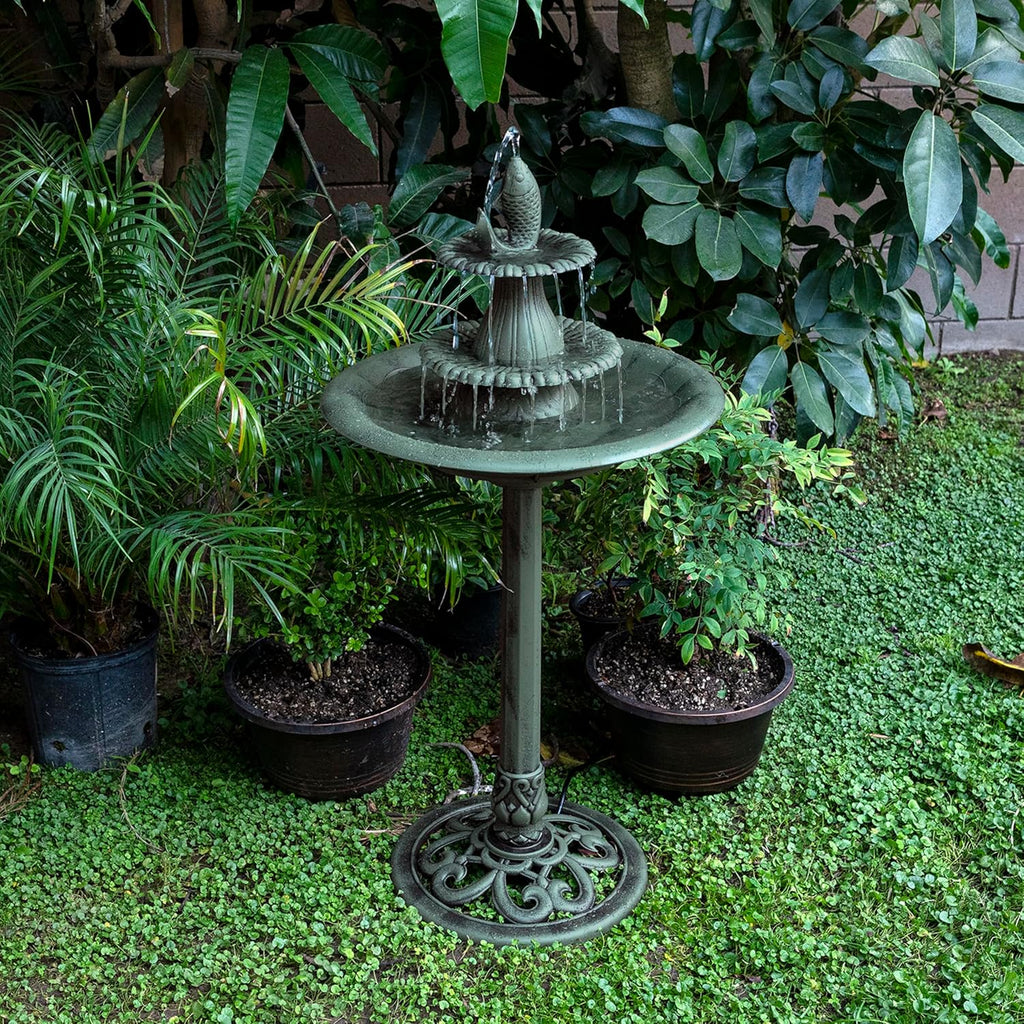 40" Tall Outdoor 3 Tier Pedestal Water Fountain with Vintage Birdbath Accent, Garden Decor, Green
