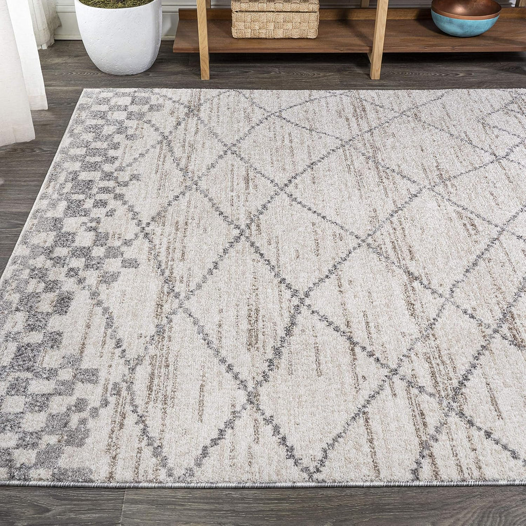 Asilah Diamond Light Gray Indoor Area Rug, Moroccan Modern, Bohemian, Casual, Easy-Cleaning, Pet Friendly