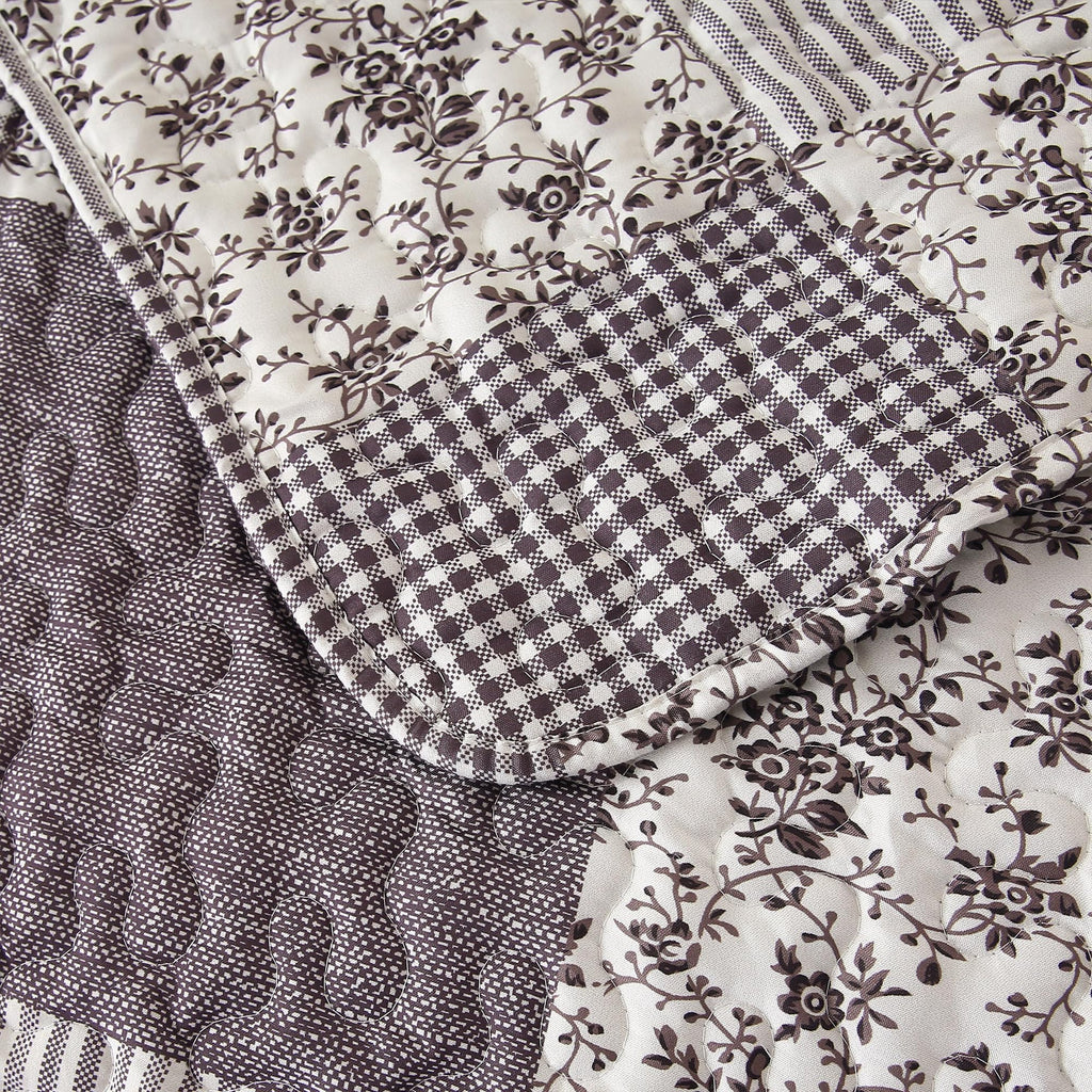 3Pcs Quilt Set, Floral Prints and Stripes with Patchwork Pattern, Soft Microfiber Lightweight Bedspread for
