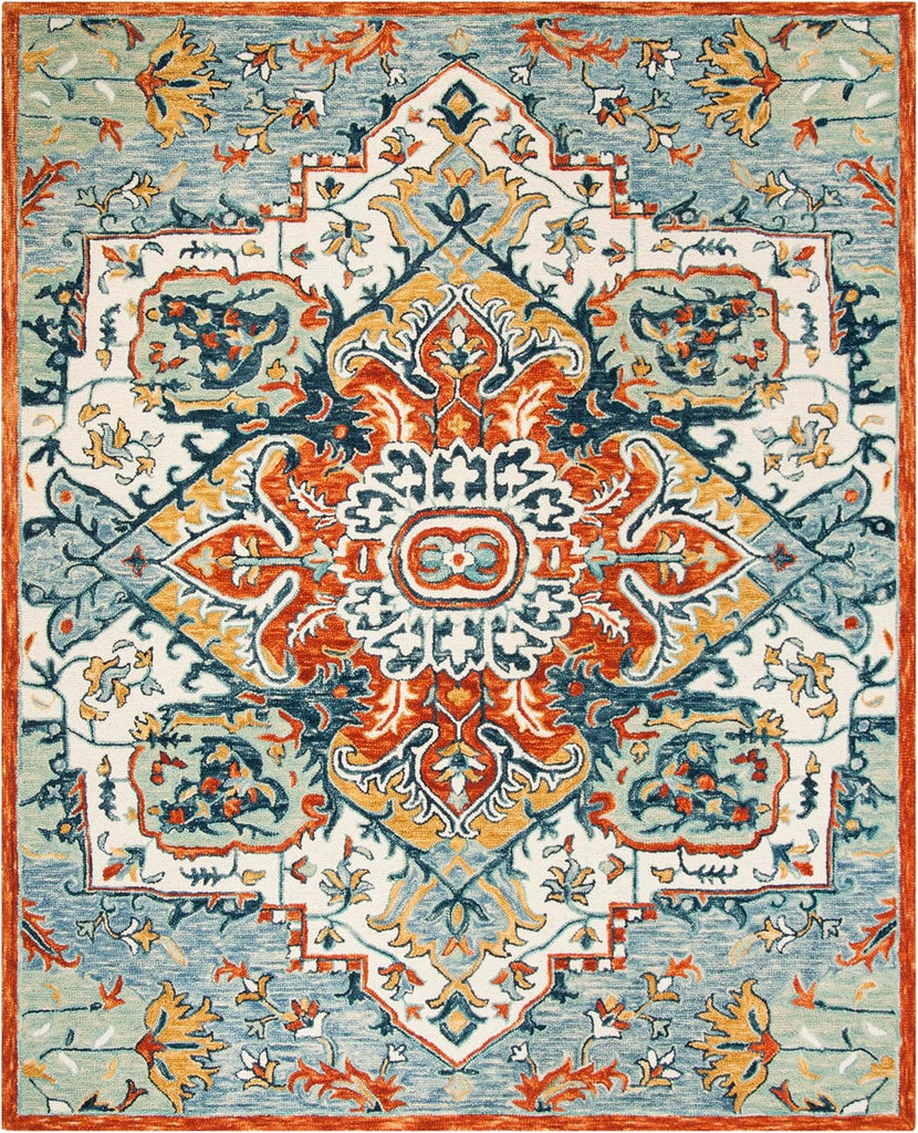 Aspen Area Rug - 9' x 12', Blue & Rust, Handmade Boho Wool