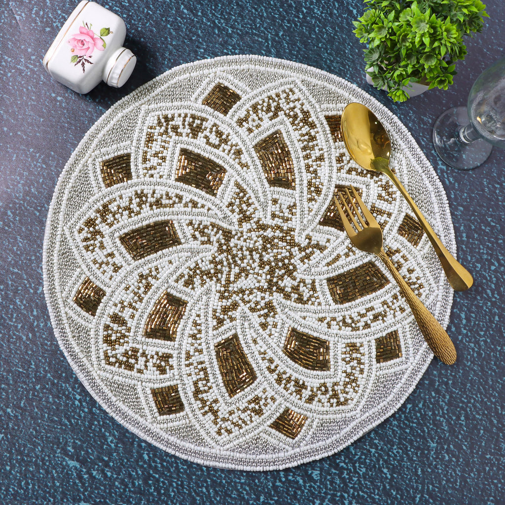 Round Glass Beaded Placemat, 13 Inch, Silver Brown