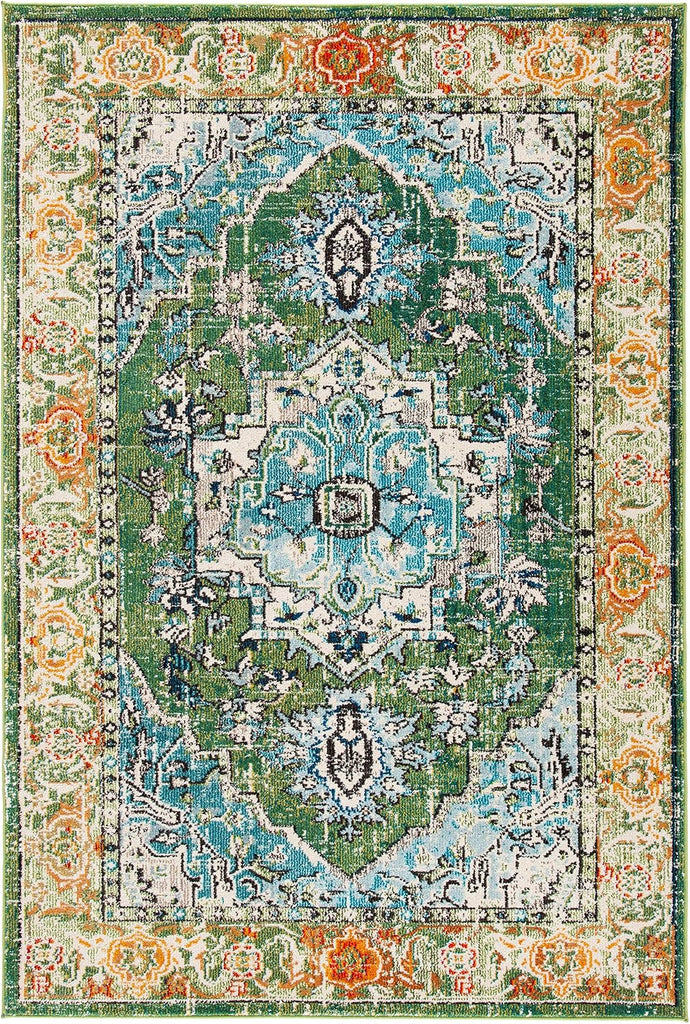 Monaco Collection Area Rug, Green & Turquoise, Boho Oriental Medallion Design, Non-Shedding & Easy