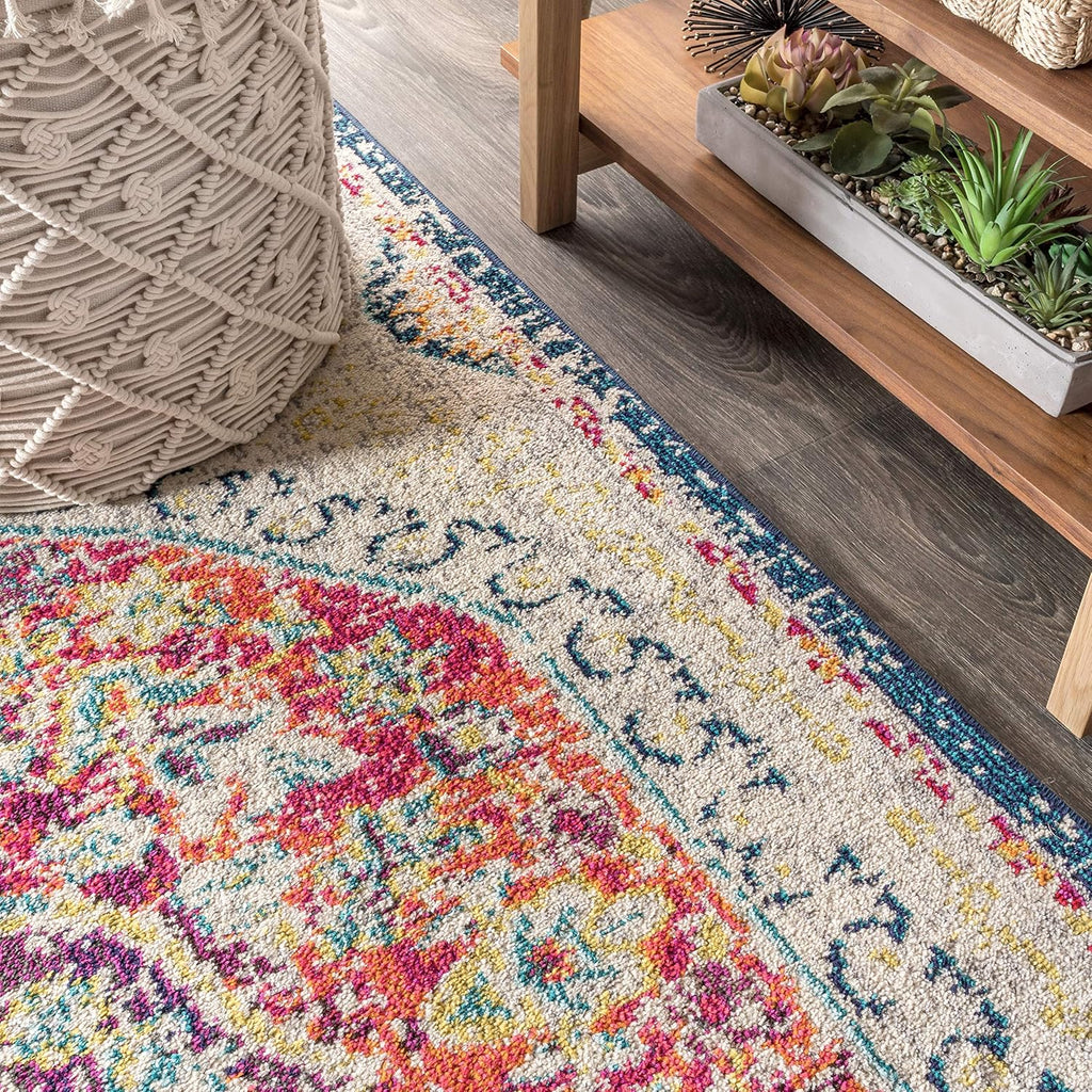 Boho Vintage Cream/Orange Indoor Area Rug, Bohemian Flair Traditional Medallion, Easy-Cleaning, Pet Friendly
